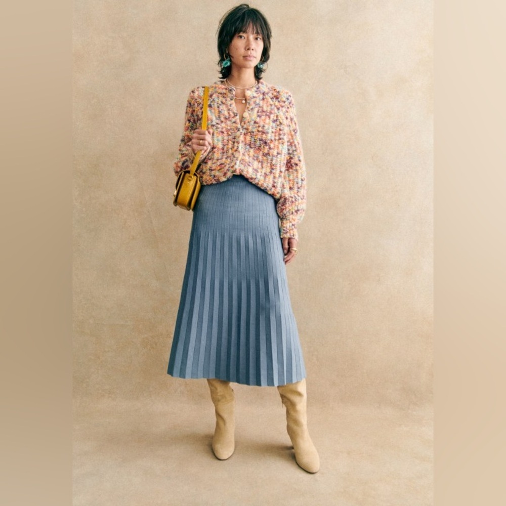 Sézane Leonine knit blue pleated midi skirt M NWT